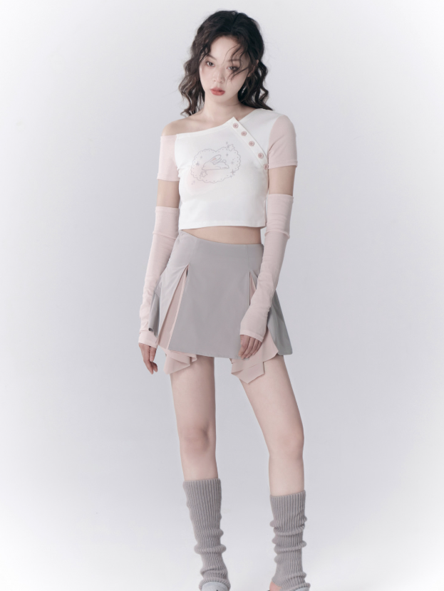 비대칭 끈이없는 슬리브 티셔츠