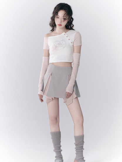 비대칭 끈이없는 슬리브 티셔츠