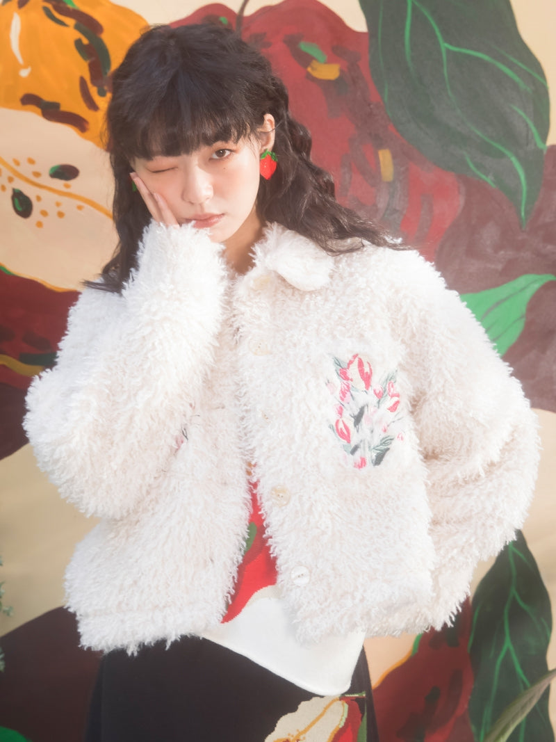 Tulip Pattern Embroidery Plush Short Coat