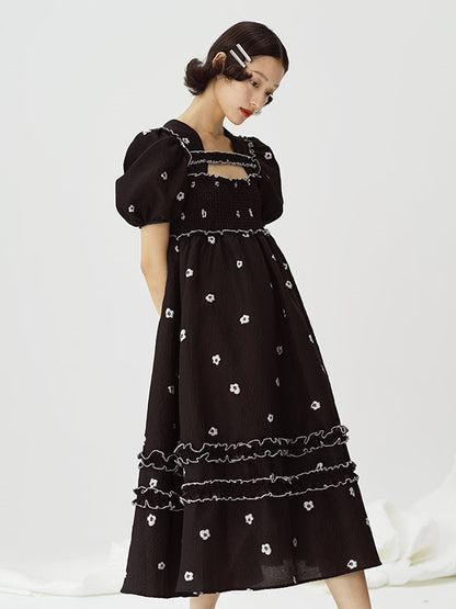 Small Flower Square Neck French Dress