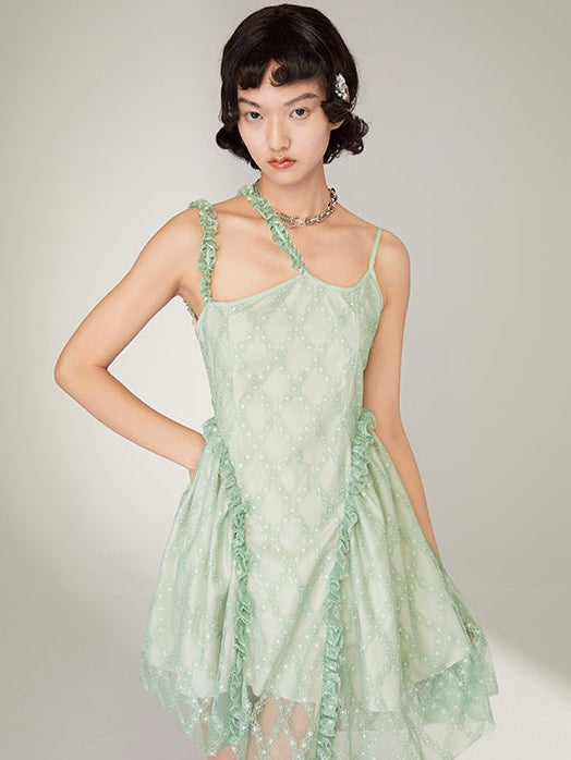 GREEN LACE IRREGULAR HEM SPLIT SLING Dress