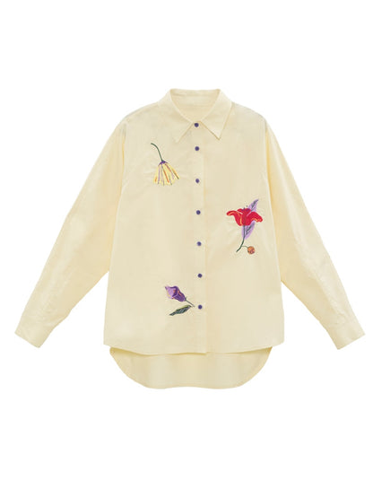 Flower Embroidery Raglan Sleeve Loose Shirt