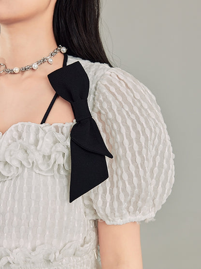 Puff Sleeve Bow Mesh Long Dress