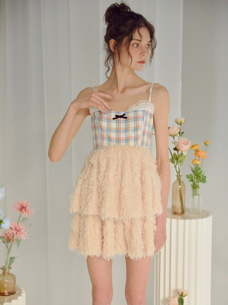 FUR Stitching Short Suspender Dress