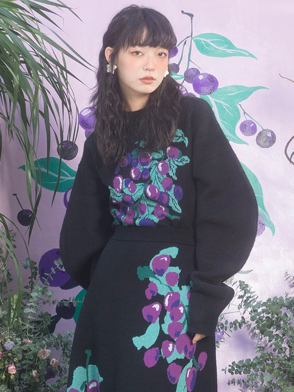 Grape Pattern Jacquard Design Sleeve Sweater