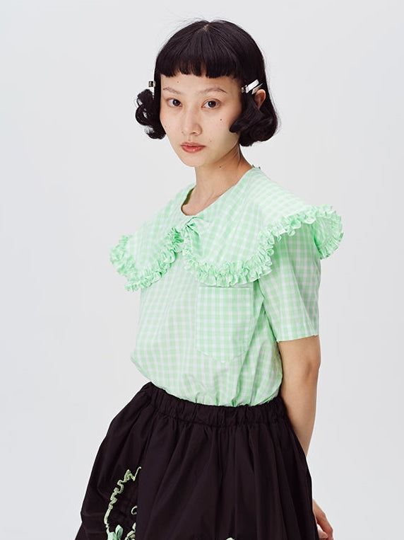 Plaid Doll Collar Short－Sleeved Shirt