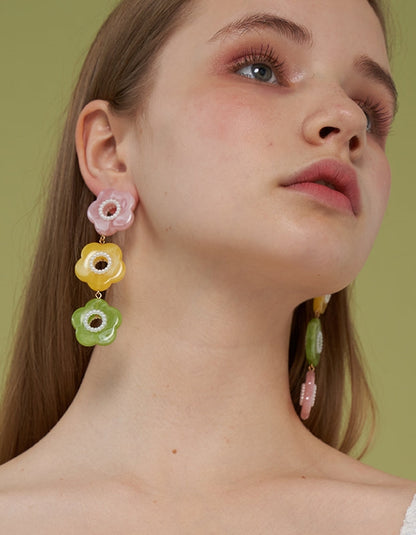 Three-color Blooming Flower Long Earrings